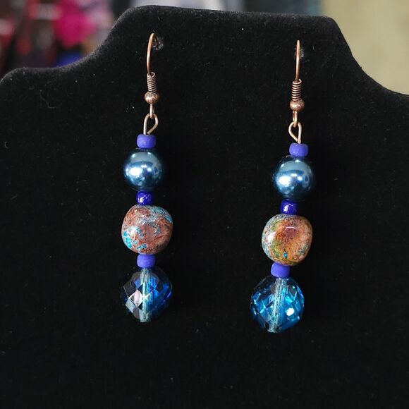 Blue and copper tone dangling beaded earrings boho hippie natural naturalista - Picture 1 of 4